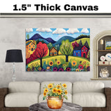 Colorful Folk Art Canvas – Bright Village Homes, Blooming Trees, and Flowers in a Mountain Landscape on Ready to Hang 1.5" Thick Canvas Wrap, Floating Framed Canvas, Flat Rolled Canvas