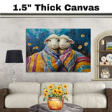 Adorable Painting of Two Sheep Wrapped in Colorful Quilted Blankets with Smiling Faces Surrounded by Flowers and a Deep Blue Whimsical Background on Ready to Hang 1.5" Thick Canvas Wrap, Floating Framed Canvas, Flat Rolled Canvas