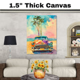 Watercolor Painting of Retro Car on Tropical Beach with Palm Trees and Colorful Sky Background on Ready to Hang 1.5" Thick Canvas Wrap, Floating Framed Canvas, Flat Rolled Canvas