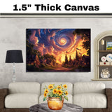 Glowing 4th of July Village at Dusk with Swirling Sky and Flags, Whimsical Americana Scene with Magical Clouds, Starlight, and Patriotic Celebration on Ready to Hang 1.5" Thick Canvas Wrap, Floating Framed Canvas, Flat Rolled Canvas
