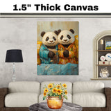 Whimsical Painting of Two Cute Panda Bears in Colorful Pajamas Holding Mugs with Cozy Expressions in a Textured Artistic Style on Ready to Hang 1.5" Thick Canvas Wrap, Floating Framed Canvas, Flat Rolled Canvas