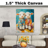 Two Cute Lambs in Bright Pajamas Wall Art | Adorable Nursery Animal Painting Print for Baby Room, Farmhouse Kids Decor, or Cozy Pastoral-Style Walls on Ready to Hang 1.5" Thick Canvas Wrap, Floating Framed Canvas, Flat Rolled Canvas