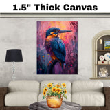 Blue and Orange Kingfisher Style Bird with Vibrant Abstract Pink and Purple Background on Ready to Hang 1.5" Thick Canvas Wrap, Floating Framed Canvas, Flat Rolled Canvas