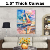 Watercolor Painting of Multicolored Sailboat on Ocean with Birds and Sunset Reflections in the Waves on Ready to Hang 1.5" Thick Canvas Wrap, Floating Framed Canvas, Flat Rolled Canvas