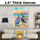 Two Vibrant Pelicans on a Tropical Beach with Ocean Waves and Sunset Sky in Colorful Watercolor Illustration on Ready to Hang 1.5" Thick Canvas Wrap, Floating Framed Canvas, Flat Rolled Canvas