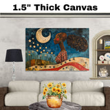 Powerful Woman Under Crescent Moon and Stars with Patriotic Motif, Folk Art Style 4th of July Scene Celebrating Strength, Nature, and Freedom on Ready to Hang 1.5" Thick Canvas Wrap, Floating Framed Canvas, Flat Rolled Canvas