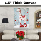 Whimsical Christmas Giraffe in Red Boots Ice Skating Through Snowy Forest with Holiday Ornaments – Playful Winter Animal Illustration for Festive Decor on Ready to Hang 1.5" Thick Canvas Wrap, Floating Framed Canvas, Flat Rolled Canvas