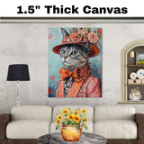 Elegance in Bloom: Cat in a European-Inspired Flowery Dress and Hat with a Heartfelt Touch Romantic Painting on Ready to Hang 1.5" Thick Canvas Wrap, Floating Framed Canvas, Flat Rolled Canvas