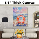 Watercolor Painting of a Life Ring on the Beach Framed by Waves and Colorful Sky with Nautical Anchor Design on Ready to Hang 1.5" Thick Canvas Wrap, Floating Framed Canvas, Flat Rolled Canvas