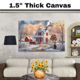 Winter White Farmhouse – Cozy Snow-Covered Country Home with Red Barn and Sleigh Wall Art Print on Ready to Hang 1.5" Thick Canvas Wrap, Floating Framed Canvas, Flat Rolled Canvas