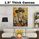 Harvest Charm: Whimsical Green Frog Mother and Daughters in Victorian Fall Attire on Ready to Hang 1.5" Thick Canvas Wrap, Floating Framed Canvas, Flat Rolled Canvas