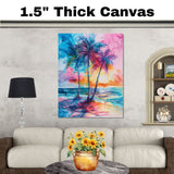 Rainbow Palm Trees by Ocean Sunset Watercolor Painting with Vibrant Sky and Tropical Coastal Beach Scenery on Ready to Hang 1.5" Thick Canvas Wrap, Floating Framed Canvas, Flat Rolled Canvas