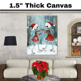 Whimsical Skeleton Ice Skating Christmas Art – Festive Gothic Winter Decor with Dancing Skeletons in Red Dresses and Santa Hats, Spooky Cute Holiday Wall Print on Ready to Hang 1.5" Thick Canvas Wrap, Floating Framed Canvas, Flat Rolled Canvas