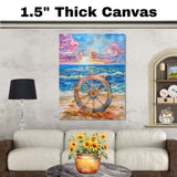 Watercolor Painting of a Nautical Ship Wheel on Beach with Ocean Waves and Sunset in Pink Blue and Golden Sky Background on Ready to Hang 1.5" Thick Canvas Wrap, Floating Framed Canvas, Flat Rolled Canvas