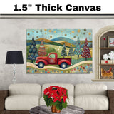 Festive Red Truck Carrying Decorated Christmas Trees Across Rolling Hills Under a Starry Winter Sky on Ready to Hang 1.5" Thick Canvas Wrap, Floating Framed Canvas, Flat Rolled Canvas