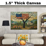 Charming Folk Art Scene of 4th of July Celebration with American Flag Tree, Village Parade, and Country Landscape in a Whimsical Patriotic Americana Style on Ready to Hang 1.5" Thick Canvas Wrap, Floating Framed Canvas, Flat Rolled Canvas