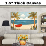Tropical Beach Escape – Colorful Folk Art Style Wall Print with Palm Trees on Ready to Hang 1.5" Thick Canvas Wrap, Floating Framed Canvas, Flat Rolled Canvas
