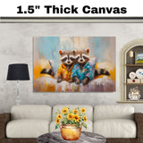 Charming Painting of Two Raccoons in Bright Pajamas Sitting on a Bed with Playful Expressions and a Soft Pastel Background Featuring Hints of Yellow and Blue on Ready to Hang 1.5" Thick Canvas Wrap, Floating Framed Canvas, Flat Rolled Canvas