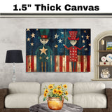 Rustic Folk Art of Patriotic Figures with Stars and Stripes on Weathered Wood Background, Whimsical Americana for Celebrating 4th of July in Vintage Style on Ready to Hang 1.5" Thick Canvas Wrap, Floating Framed Canvas, Flat Rolled Canvas