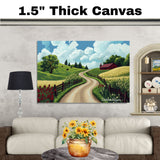 Winding Country Road with Red Barn and Green Hills – Bright Summer Folk Art Landscape Print on Ready to Hang 1.5" Thick Canvas Wrap, Floating Framed Canvas, Flat Rolled Canvas