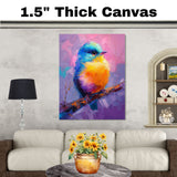 Color-Drenched Baby Bird Perched on a Branch with Deep Blues Vivid Yellows and Radiant Pinks for Nature Inspired Art and Whimsy Wall Aesthetics on Ready to Hang 1.5" Thick Canvas Wrap, Floating Framed Canvas, Flat Rolled Canvas