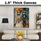 Skeleton Bride and Groom with Floral Accents – Día de los Muertos Wedding Painting with Bold Colors on Ready to Hang 1.5" Thick Canvas Wrap, Floating Framed Canvas, Flat Rolled Canvas