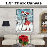 Whimsical Skeleton Couple Ice Skating Christmas Art – Gothic Holiday Romance Wall Print, Festive Skeleton Love in Red Santa Hats, Spooky Cute Winter Decor on Ready to Hang 1.5" Thick Canvas Wrap, Floating Framed Canvas, Flat Rolled Canvas