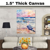 Serene Watercolor Painting of a Seagull by the Ocean with Gentle Waves and Colorful Sunset Sky in a Peaceful Beach Scene on Ready to Hang 1.5" Thick Canvas Wrap, Floating Framed Canvas, Flat Rolled Canvas