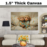 Precious Painting of Two Baby Monkeys in Colorful Pajamas Cuddled Close on Soft Floral Bedding with Big Eyes and Sweet Expressions in a Cozy Setting on Ready to Hang 1.5" Thick Canvas Wrap, Floating Framed Canvas, Flat Rolled Canvas