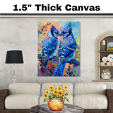 Blue Jay Pair with Striking Feathers on Colorful Abstract Branch Background Ideal Gift for Birdwatchers Nature Lovers and Artistic Home Accents on Ready to Hang 1.5" Thick Canvas Wrap, Floating Framed Canvas, Flat Rolled Canvas