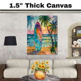 Watercolor Painting of Multicolored Surfboard at Tropical Beach Sunset with Palm Trees on Ready to Hang 1.5" Thick Canvas Wrap, Floating Framed Canvas, Flat Rolled Canvas