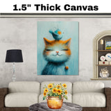 Adorable Painting of a Smiling Kitten with a Blue Bird on Its Head and Bell Collar Ideal for Whimsical Nursery Decor or Cat and Animal Lovers' Gifts on Ready to Hang 1.5" Thick Canvas Wrap, Floating Framed Canvas, Flat Rolled Canvas