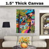 Vibrant Folk Art Canvas – Bold Colors and Abstract Village with Cacti and Palm Trees on Ready to Hang 1.5" Thick Canvas Wrap, Floating Framed Canvas, Flat Rolled Canvas
