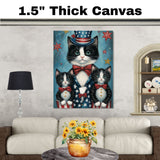 Stars, Stripes & Whiskers: Tuxedo Cat Mom with Two Kittens in a Patriotic Setting - American-Themed Painting on Ready to Hang 1.5" Thick Canvas Wrap, Floating Framed Canvas, Flat Rolled Canvas