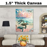 Four Sea Turtles Swimming in a Pastel Ocean Watercolor with Splash Texture and Expressive Beach Horizon Art on Ready to Hang 1.5" Thick Canvas Wrap, Floating Framed Canvas, Flat Rolled Canvas