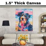 Watercolor Painting of a Multicolored Dog at Sunset – Calm Coastal Pet Portrait Art Print for Beach and Dog Lovers on Ready to Hang 1.5" Thick Canvas Wrap, Floating Framed Canvas, Flat Rolled Canvas