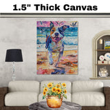 Vibrant Watercolor Dog Running on Beach with Ocean Waves and Birds in Playful Coastal Scene for Pet and Animal Art Lovers on Ready to Hang 1.5" Thick Canvas Wrap, Floating Framed Canvas, Flat Rolled Canvas