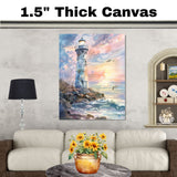 Rustic Lighthouse on Rocky Shore at Sunset with Crashing Waves and Seagulls in Serene Watercolor Coastal Landscape on Ready to Hang 1.5" Thick Canvas Wrap, Floating Framed Canvas, Flat Rolled Canvas