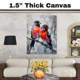 Colorful Bullfinches on Winter Branch Painting Print Featuring Red and Black Songbirds Perched in a Snowy Forest Scene with Artistic Background on Ready to Hang 1.5" Thick Canvas Wrap, Floating Framed Canvas, Flat Rolled Canvas