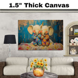 Heartwarming Painting of Two Cute Baby Elephants in Bright Pajamas Sitting Together on a Bed with Joyful Expressions and a Bold Abstract Background on Ready to Hang 1.5" Thick Canvas Wrap, Floating Framed Canvas, Flat Rolled Canvas