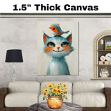 Charming Blue and White Cat with Red-Breasted Bird on Head Illustration for Kids Room or Nursery Cute Whimsical Animal Art with Bright and Playful Expression on Ready to Hang 1.5" Thick Canvas Wrap, Floating Framed Canvas, Flat Rolled Canvas