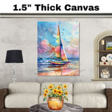 Watercolor Painting of Multicolored Sailboat on Ocean Waves with Birds and Beach Reflections on Ready to Hang 1.5" Thick Canvas Wrap, Floating Framed Canvas, Flat Rolled Canvas