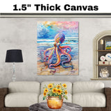 Watercolor Painting of a Multicolored Octopus on Seashore with Waves and Sky in Vivid Coastal Marine Scene on Ready to Hang 1.5" Thick Canvas Wrap, Floating Framed Canvas, Flat Rolled Canvas