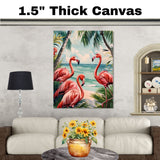 Tropical Flamingos on Beach with Palm Trees and Ocean Waves in Watercolor Illustration Art Print on Ready to Hang 1.5" Thick Canvas Wrap, Floating Framed Canvas, Flat Rolled Canvas