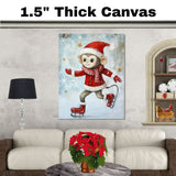Whimsical Christmas Monkey Ice Skating in Red Jacket and Santa Hat – Playful Holiday Animal Illustration for Nursery Art, Seasonal Gifts, or Winter Decor on Ready to Hang 1.5" Thick Canvas Wrap, Floating Framed Canvas, Flat Rolled Canvas