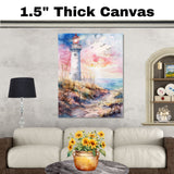Watercolor Painting of Lighthouse Overlooking Ocean at Sunset with Coastal Path and Soaring Seagulls in Serene Setting on Ready to Hang 1.5" Thick Canvas Wrap, Floating Framed Canvas, Flat Rolled Canvas