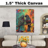 Two Black Birds on Branch Surrounded by Vibrant Foliage and Berries in a Colorful Nature-Inspired Painting with Rich Greens Reds and a Warm Artistic Style on Ready to Hang 1.5" Thick Canvas Wrap, Floating Framed Canvas, Flat Rolled Canvas