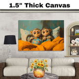 Adorable Painting of Two Monkeys Snuggled Under a Blanket Holding Pillows with Big Eyes and Sweet Expressions in a Cozy Bedroom Setting on Ready to Hang 1.5" Thick Canvas Wrap, Floating Framed Canvas, Flat Rolled Canvas