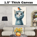 Sweet Cat with Gentle Bird on Head Whimsical Animal Illustration for Kids Room Nursery and Animal Lovers Perfect Gift for Cat and Bird Enthusiast on Ready to Hang 1.5" Thick Canvas Wrap, Floating Framed Canvas, Flat Rolled Canvas