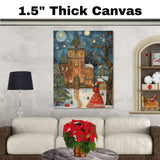 Starry Christmas Night – Folk Art Girl and Village in Snow on Ready to Hang 1.5" Thick Canvas Wrap, Floating Framed Canvas, Flat Rolled Canvas